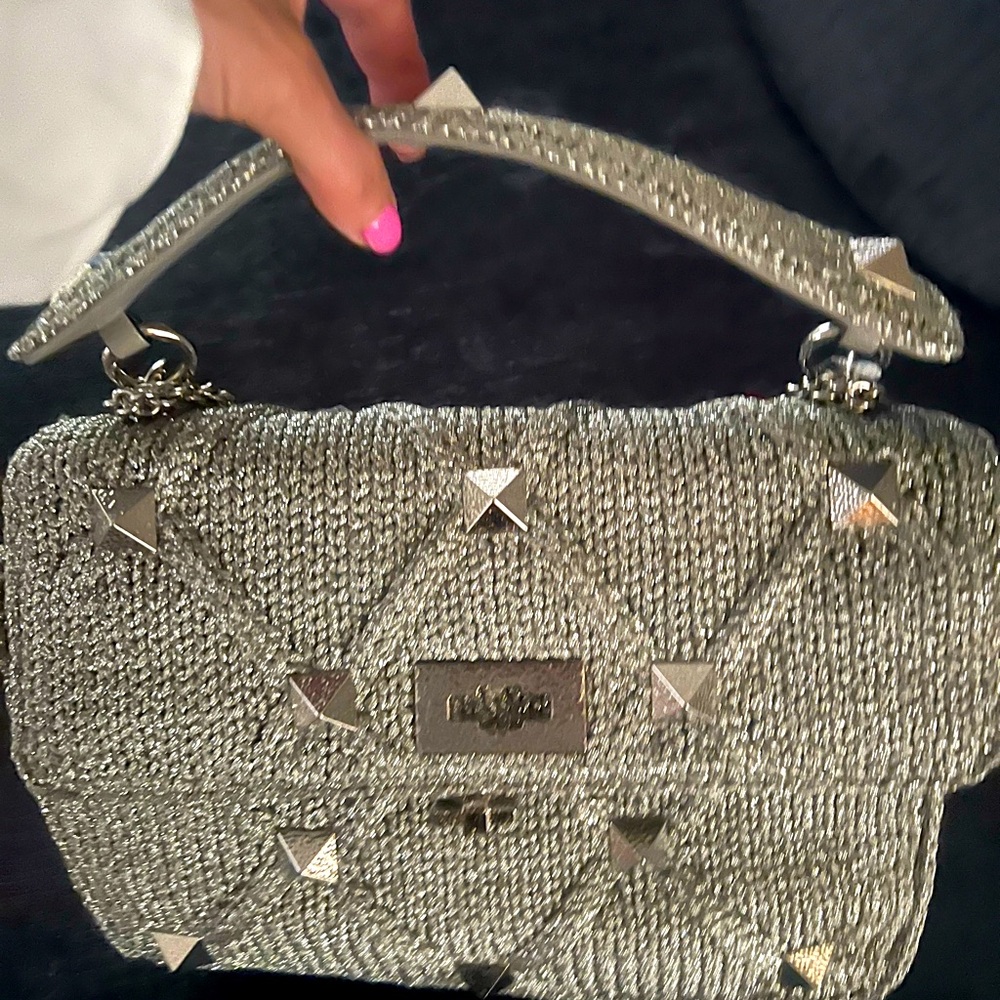 Valentino  Metallic Lurex Knit Large Roman Stud Shoulder Bag Silver NWT